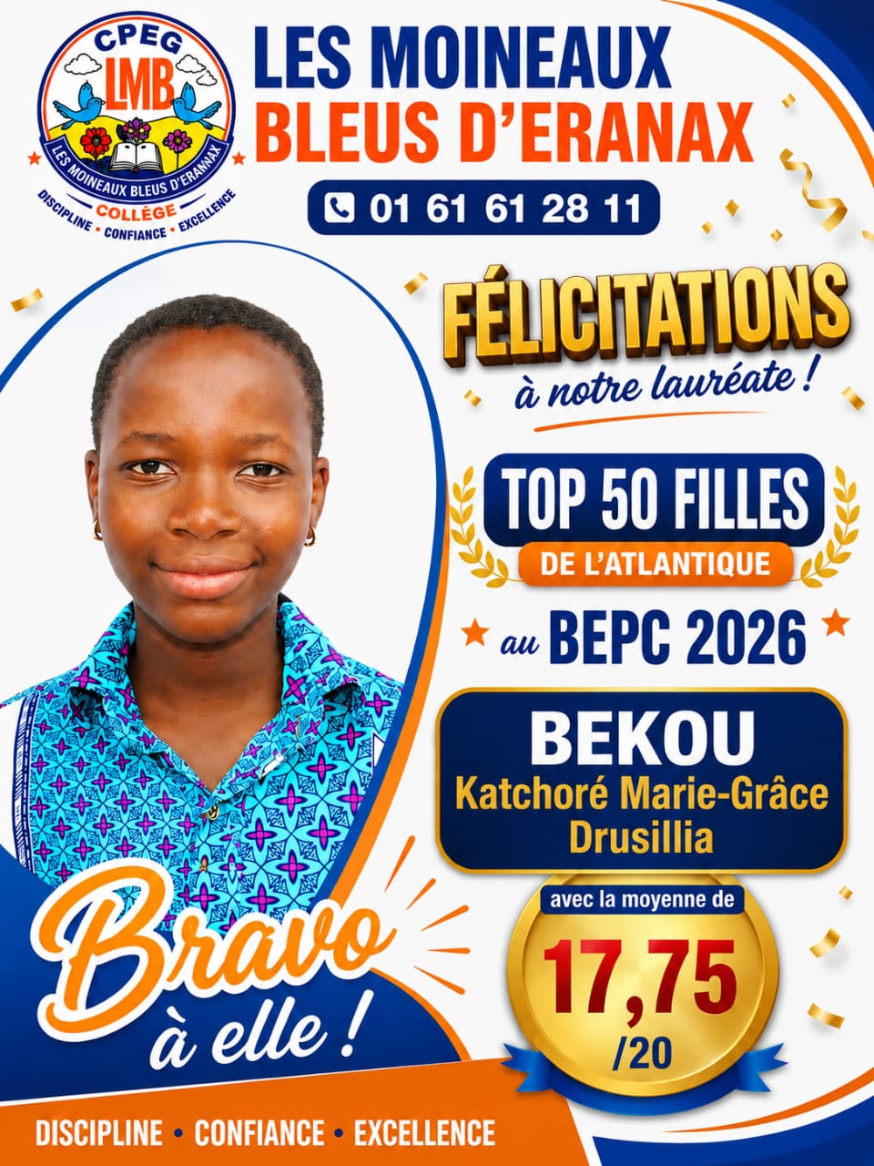 Marie-Grâce BEKOU, Top 50 filles de l'Atlantique au BEPC 2026 avec 17,75 de moyenne