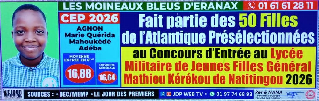 Marie Quérida AGNON, CEP 2026, présélectionnée parmi les 50 filles de l'Atlantique au concours d'entrée au Lycée Militaire de Jeunes Filles de Natitingou