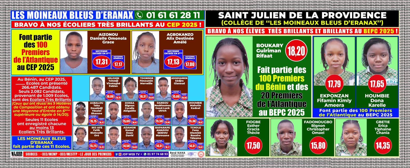 Affiche officielle des résultats CEP et BEPC 2025 des Moineaux Bleus d'ERANAX, publiée avec Le Jour Des Premiers